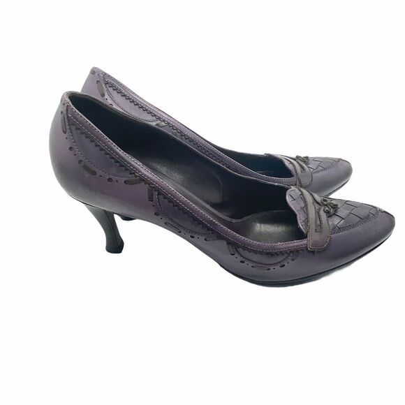 Bottega Veneta High Heels 3 Inch Women's Purple Black Woven Size US 7.5 EU 38